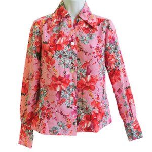 Vintage 60s 70s Pink Floral Blouse Dagger Pointed Collar Long Cuffs Lightweight